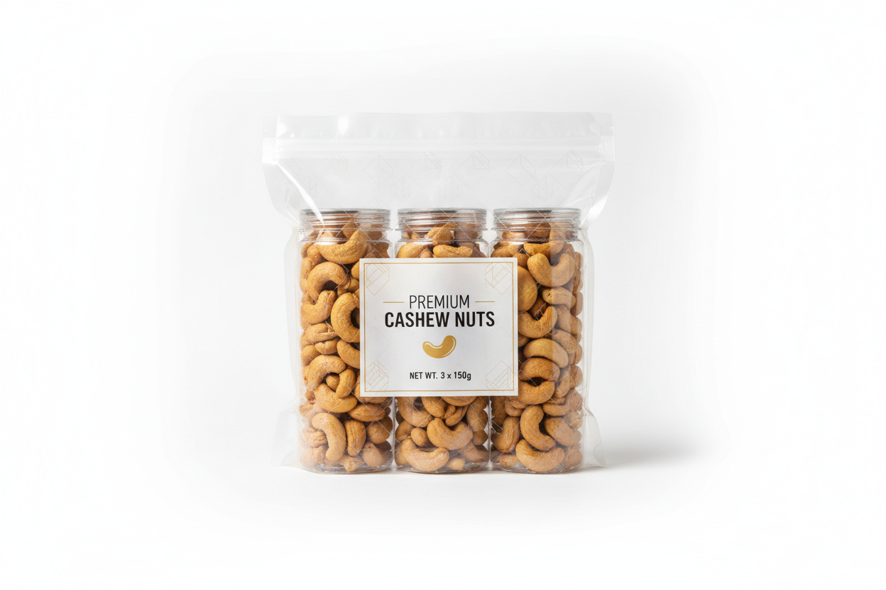 a pack of three bottles of cashew nuts in a soft pack