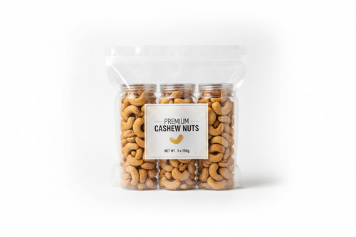 a pack of three bottles of cashew nuts in a soft pack