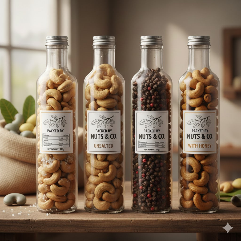 Crunchy Creamy Roasted Whole Cashew Nuts - Medium-sized bottle