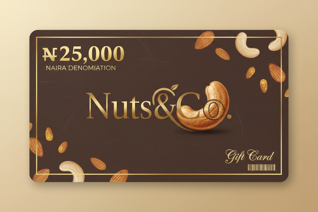 Nuts and Co. with N25,000 denomination. The Co. should be designed with a cashew nut.