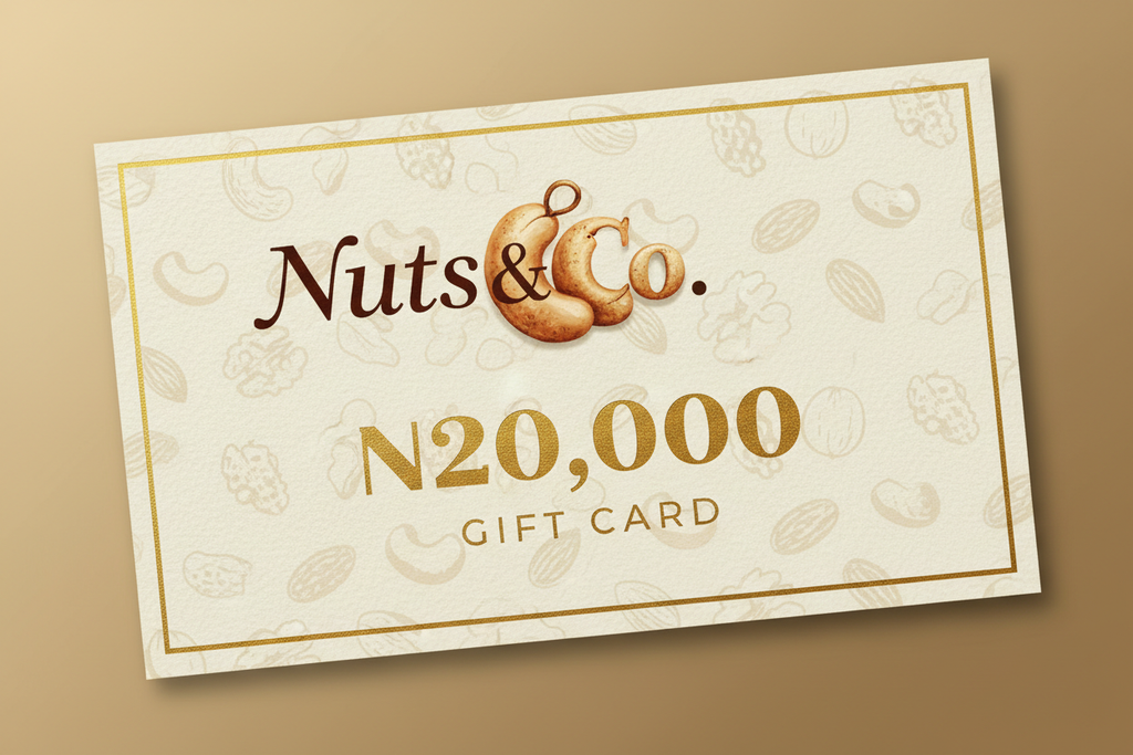 Nuts & Co. Gift Card with N20,000 denomination. The Co. should be designed with a cashew nut.