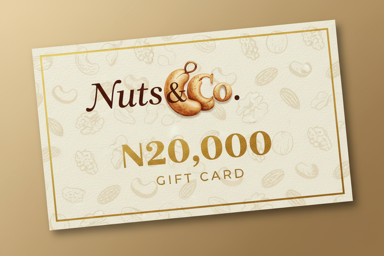 Nuts & Co. Gift Card with N20,000 denomination. The Co. should be designed with a cashew nut.